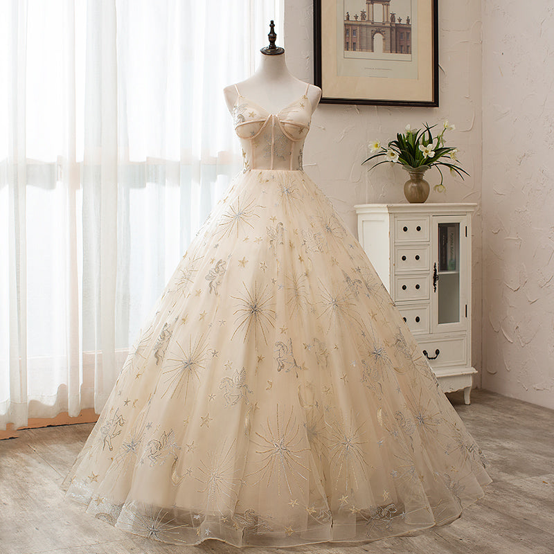 Light Champagne Tulle Ball Gown Straps Sweet 16 Gown, Ball Gown Long F Cutedressy Light Champagne Tulle Ball Gown Straps Sweet 16 Gown, Ball Gown Long F Cutedressy