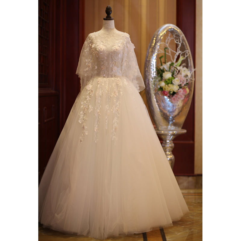 Charming Beautiful Ivory Tulle with Flowers Long Wedding Party Dress, Tulle Simple Wedding Dress