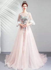 Charming Light Pink Tulle Puffy Sleeves Floor Length Party Dress, Pink A-line Pricess Gowns Prom Dress