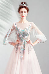 Charming Light Pink Tulle Puffy Sleeves Floor Length Party Dress, Pink A-line Pricess Gowns Prom Dress