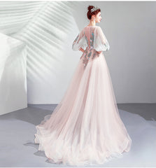 Charming Light Pink Tulle Puffy Sleeves Floor Length Party Dress, Pink A-line Pricess Gowns Prom Dress