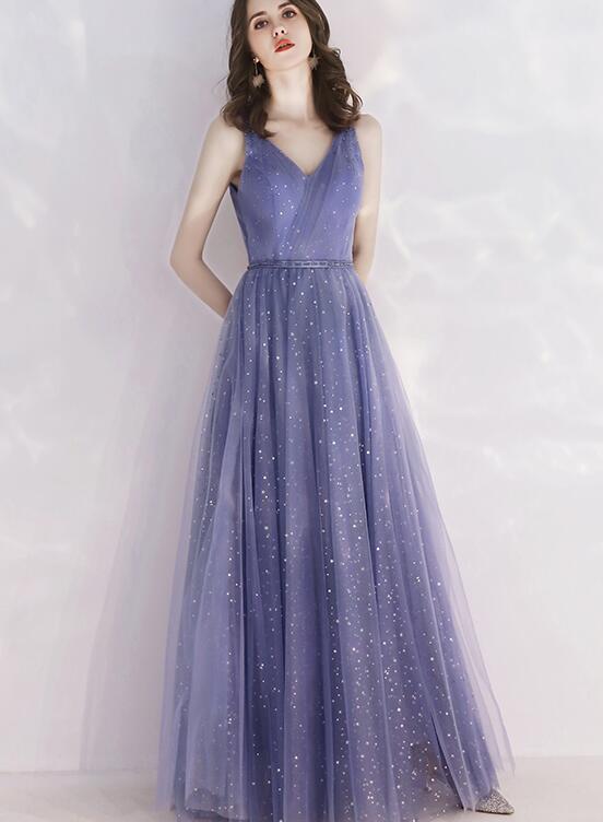 Charming Tulle Purple V-neckline Long Formal Dress, Shiny Tulle Low Back Wedding Party Dress