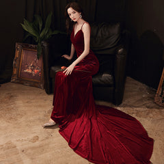 Charming V-neckline Mermaid Velvet Evening Gown Wedding Party Dress, Dark Red Long Prom Dress