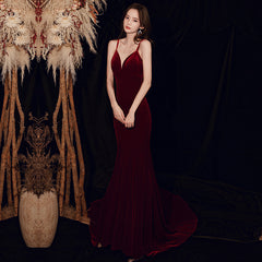 Charming V-neckline Mermaid Velvet Evening Gown Wedding Party Dress, Dark Red Long Prom Dress