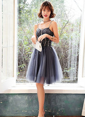 Chic Tulle Beaded Straps Knee Length Homecoming Dress Prom Dress, Short Formal Dress
