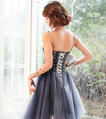 Chic Tulle Beaded Straps Knee Length Homecoming Dress Prom Dress, Short Formal Dress