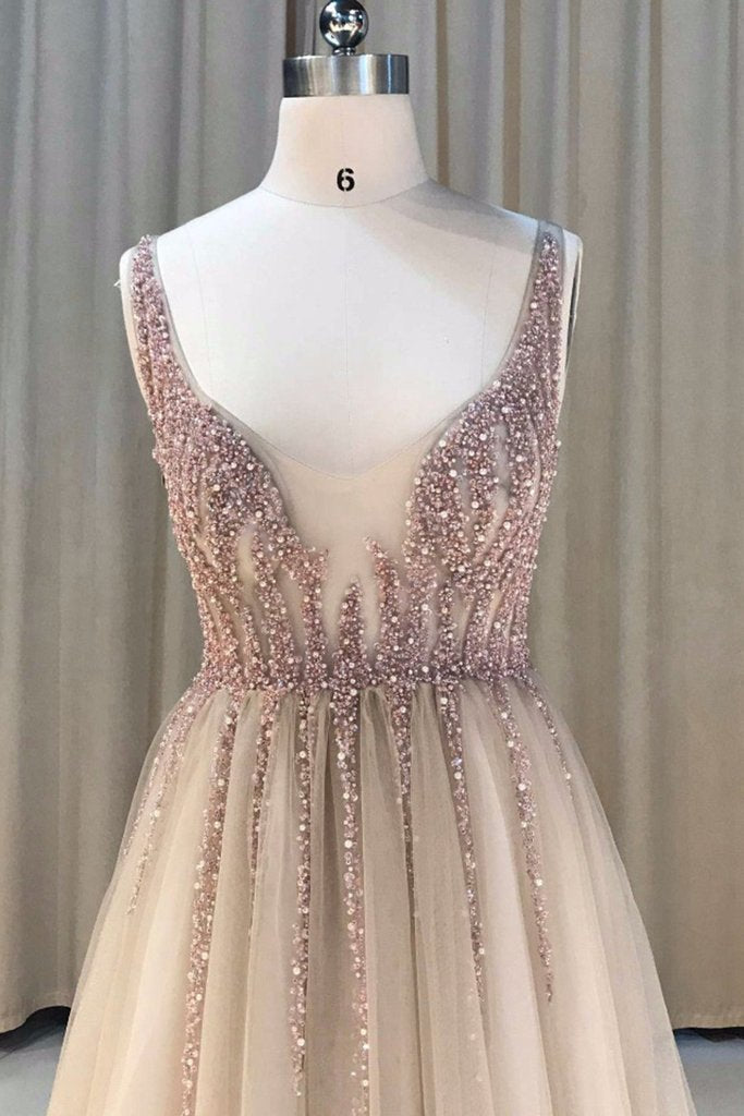 Unique Tulle V-neckline Beaded Long Party Dresses, See Through Prom Dresses