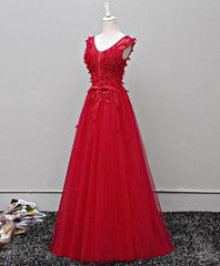 Cute V-neckline Floral and Tulle Long Formal Gowns, Evening Gowns, Party Dress