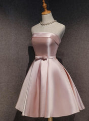 Cute Pink Satin Scoop Knee Length Short Prom Dress Homecoming Dress, Pink Formal Dresses