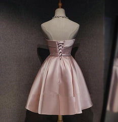 Cute Pink Satin Scoop Knee Length Short Prom Dress Homecoming Dress, Pink Formal Dresses