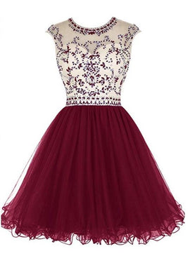Cute Round Neckline Beaded Tulle Open Back Homecoming Dress, Short Prom Dresses Party Dresses