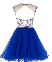Cute Round Neckline Beaded Tulle Open Back Homecoming Dress, Short Prom Dresses Party Dresses