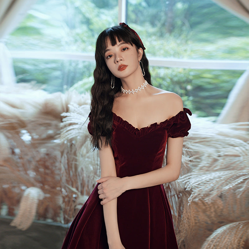 Formal Dress Burgundy Velvet Dress Short Burgundy Calf Length