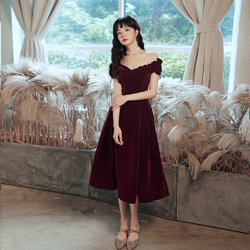 bridesmaid dress wine Burgundy Lace Off The Shoulder Half Sleeves Dresses, CB0068 US2 / As Pic snug fit. Burgundy Bridesmaid Dresses | Birdy