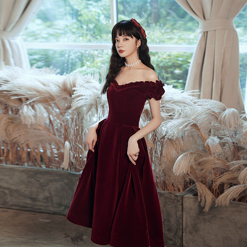 Off Shoulder Dress Burgundy Dress Tea Length Holly Burgundy Off-Shoulder Organza Midi Dress Boutique 1861