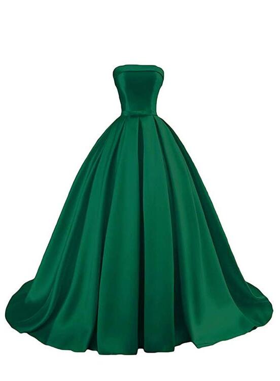 Green Satin Ball Gown Princess Evening Dress, Green Formal Dress Prom Dress