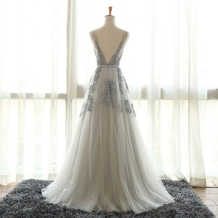 Grey Bridesmaid Dresses, Tulle Prom Dress with Applique Prom Dresses , Evening Formal Dresses