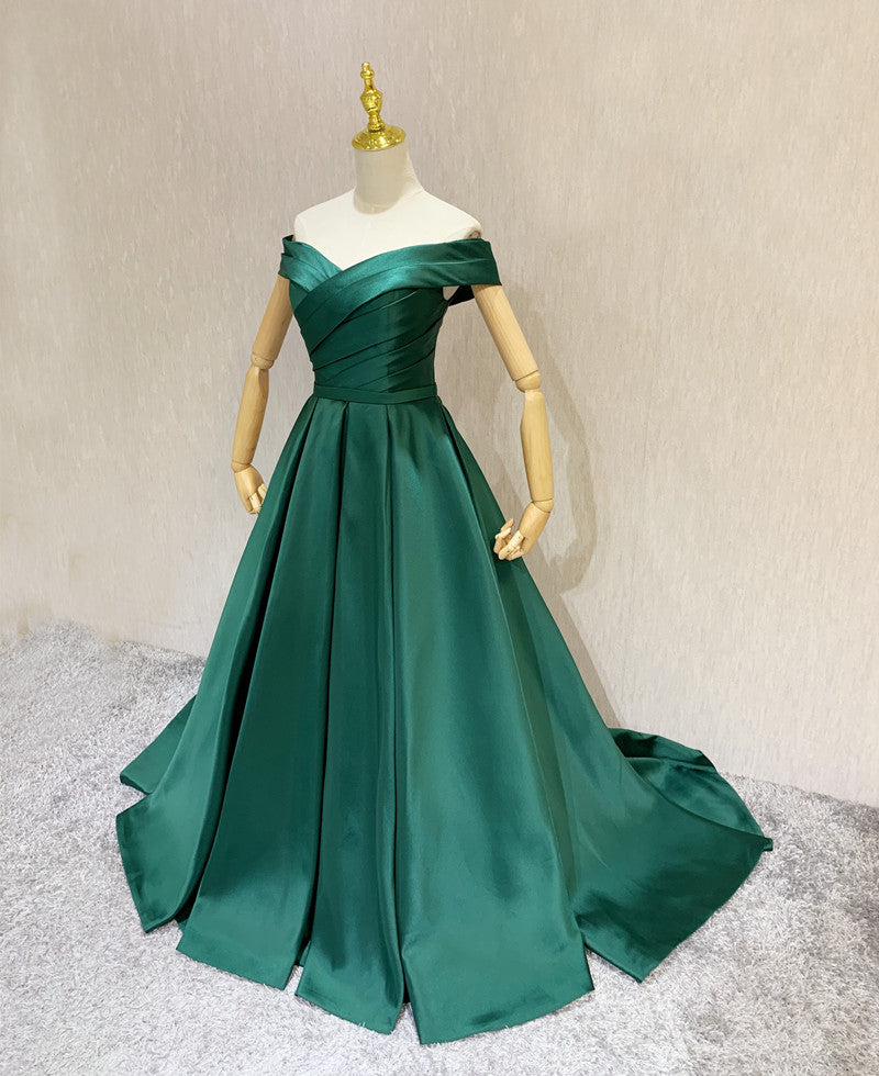 Dark Green A-line Sweetheart Off Shoulder Satin Junior Prom Dress, Green Wedding Party Dress