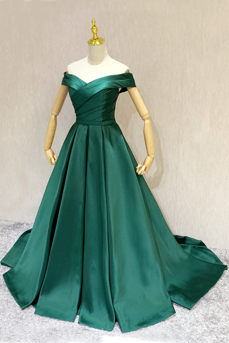 Dark Green A-line Sweetheart Off Shoulder Satin Junior Prom Dress, Green Wedding Party Dress Dark Green A-line Sweetheart Off Shoulder Satin Junior Prom Dress, Green Wedding Party Dress