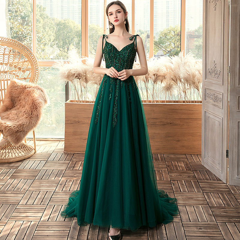 Green Beaded V-neckline Straps Tulle Long Formal Dress, Dark Green A-Line Prom Dress