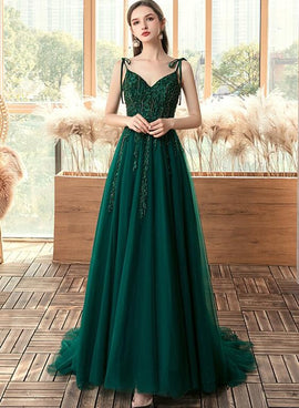 Green Beaded V-neckline Straps Tulle Long Formal Dress, Dark Green A-Line Prom Dress