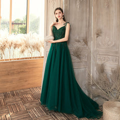 Green Beaded V-neckline Straps Tulle Long Formal Dress, Dark Green A-Line Prom Dress