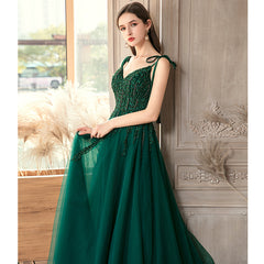 Green Beaded V-neckline Straps Tulle Long Formal Dress, Dark Green A-L Cutedressy Green Beaded V-neckline Straps Tulle Long Formal Dress, Dark Green A-L Cutedressy