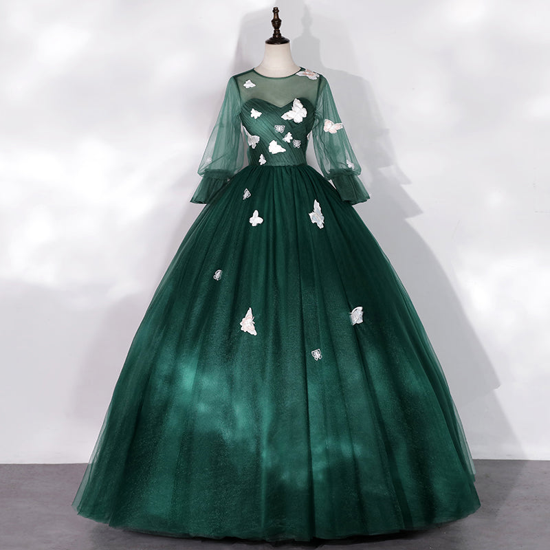 Dark Green Long Sleeves Ball Gown Sweet 16 Dresses, Green Tulle Round Cutedressy Dark Green Long Sleeves Ball Gown Sweet 16 Dresses, Green Tulle Round Cutedressy