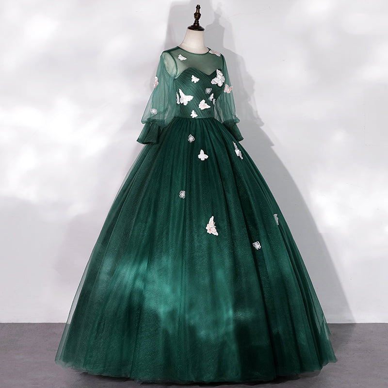 Dark Green Long Sleeves Ball Gown Sweet 16 Dresses, Green Tulle Round Cutedressy Dark Green Long Sleeves Ball Gown Sweet 16 Dresses, Green Tulle Round Cutedressy