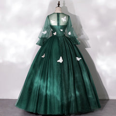 Dark Green Long Sleeves Ball Gown Sweet 16 Dresses, Green Tulle Round Neckline Prom Dresses