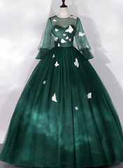 Dark Green Long Sleeves Ball Gown Sweet 16 Dresses, Green Tulle Round Neckline Prom Dresses