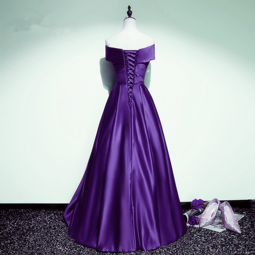 Purple Satin Off Shoulder A-line Long Party Dress, Floor Length Junior Prom Dress