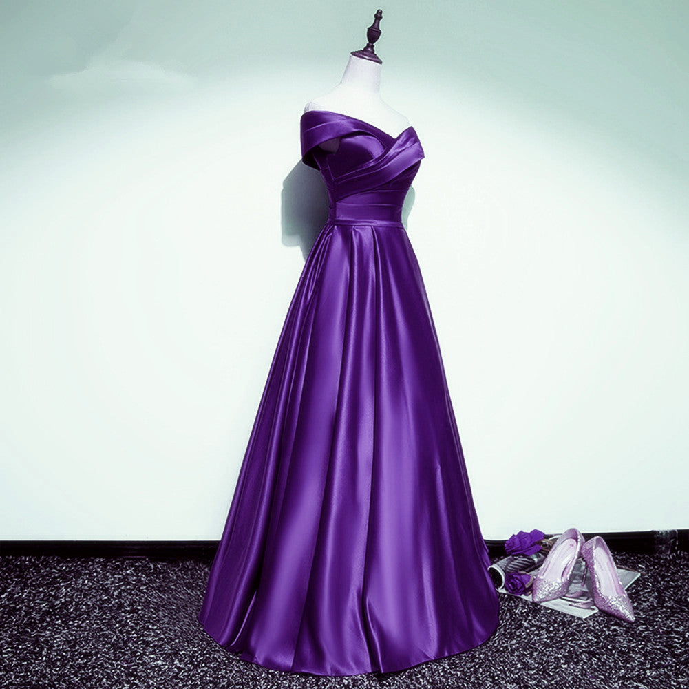Purple Satin Off Shoulder A-line Long Party Dress, Floor Length Junior Cutedressy Purple Satin Off Shoulder A-line Long Party Dress, Floor Length Junior Cutedressy