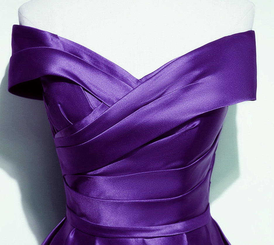 Purple Satin Off Shoulder A-line Long Party Dress, Floor Length Junior Prom Dress