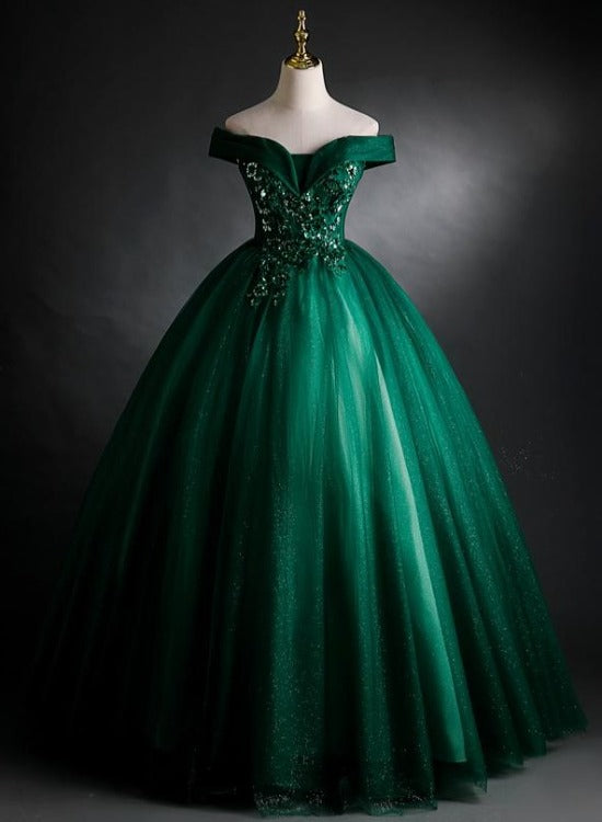 Dark Green Sweetheart Off Shoulder Long Party Dress with Lace Applique, Green Prom Dress