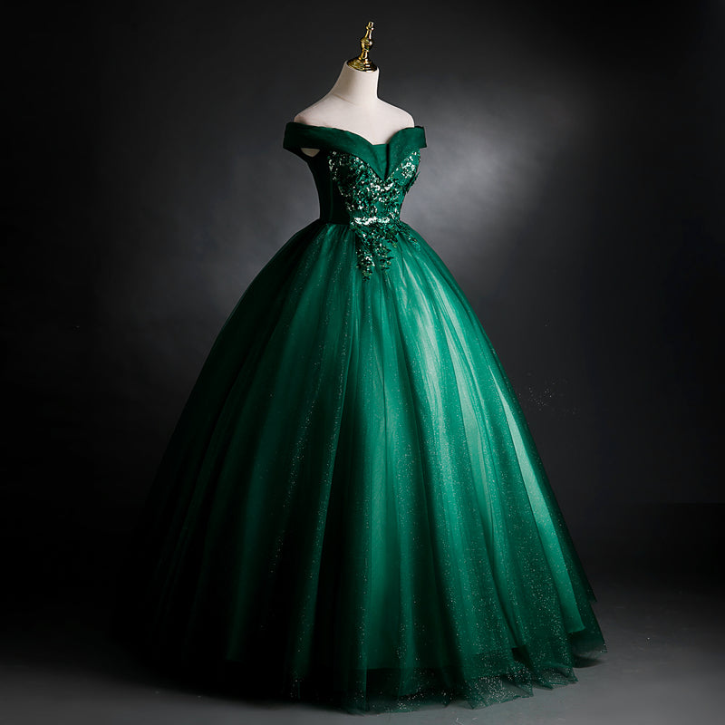 Dark Green Sweetheart Off Shoulder Long Party Dress with Lace Applique