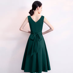 Dark Green V-neckline High Low Short Wedding Party Dress, Green Formal Dress with Belt