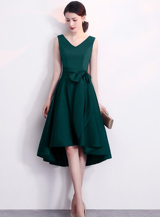 Dark Green V-neckline High Low Short Wedding Party Dress, Green Formal Dress with Belt