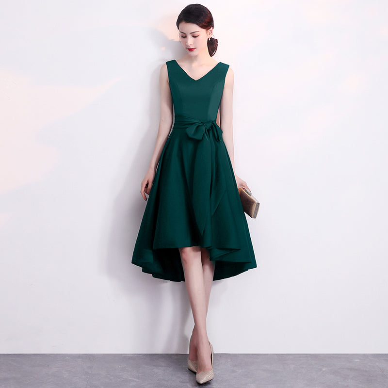 Dark Green V-neckline High Low Short Wedding Party Dress, Green Formal Cutedressy Dark Green V-neckline High Low Short Wedding Party Dress, Green Formal Cutedressy