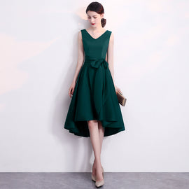 Dark Green V-neckline High Low Short Wedding Party Dress, Green Formal Dress with Belt