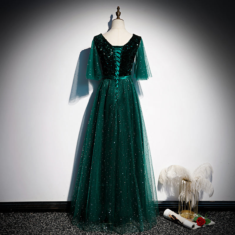 Dark Green V-neckline Shiny Tulle and Sequins Long Formal Dress, Green Cutedressy Dark Green V-neckline Shiny Tulle and Sequins Long Formal Dress, Green Cutedressy