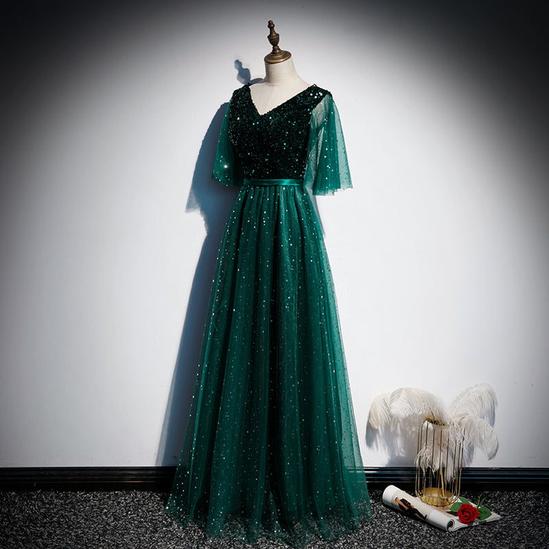 Dark Green V-neckline Shiny Tulle and Sequins Long Formal Dress, Green Cutedressy Dark Green V-neckline Shiny Tulle and Sequins Long Formal Dress, Green Cutedressy