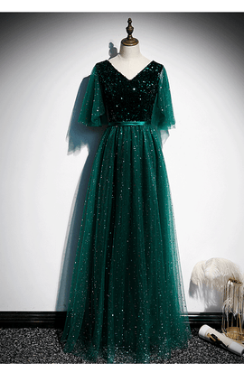 Dark Green V-neckline Shiny Tulle and Sequins Long Formal Dress, Green Bridesmaid Dresses