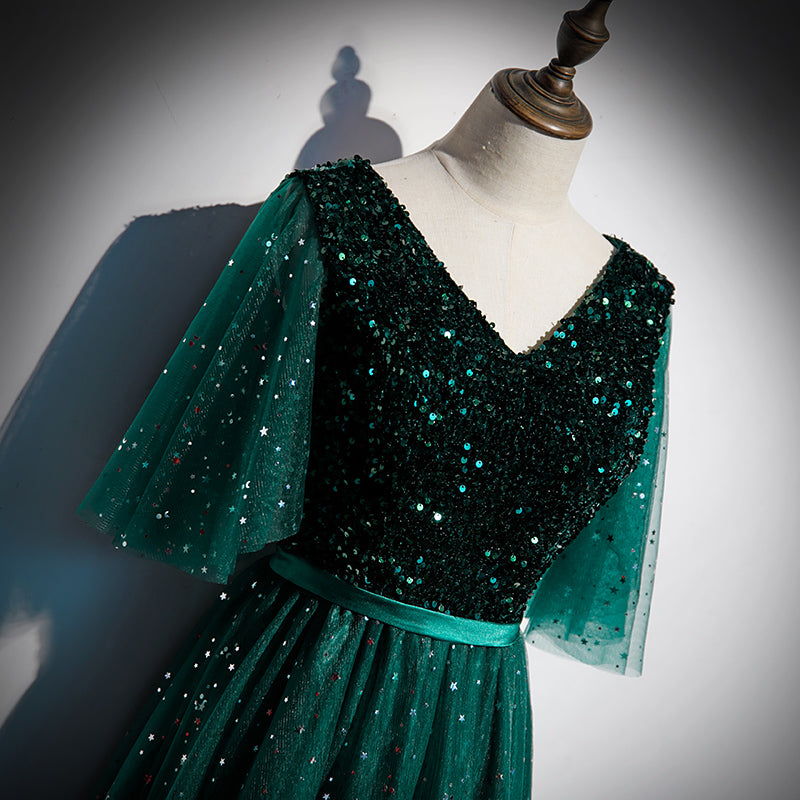 Dark Green V-neckline Shiny Tulle and Sequins Long Formal Dress, Green Cutedressy Dark Green V-neckline Shiny Tulle and Sequins Long Formal Dress, Green Cutedressy