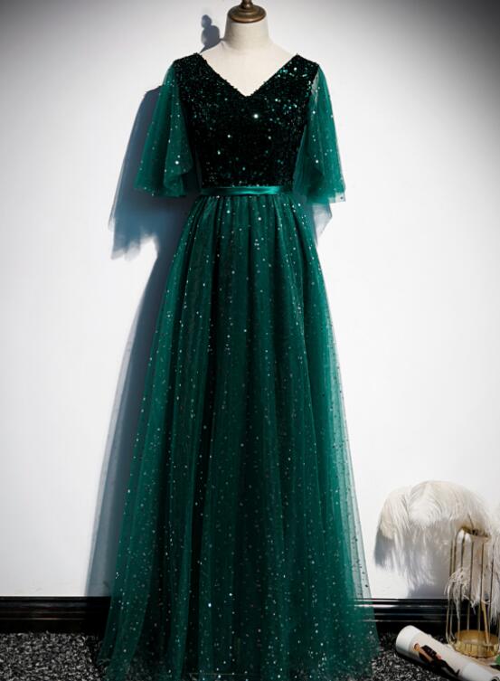 Dark Green V-neckline Shiny Tulle and Sequins Long Formal Dress, Green Bridesmaid Dresses
