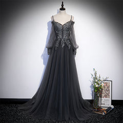 Dark Grey Long Sleeves Lace Applique A-line Prom Dress, Grey Long Formal Dresses