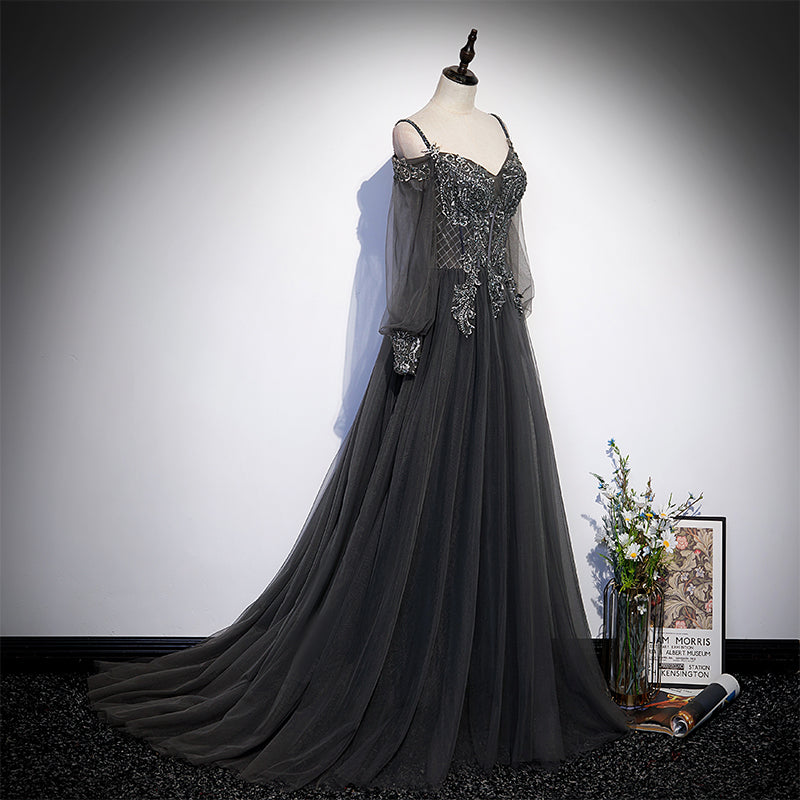 Dark Grey Long Sleeves Lace Applique A-line Prom Dress, Grey Long Formal Dresses