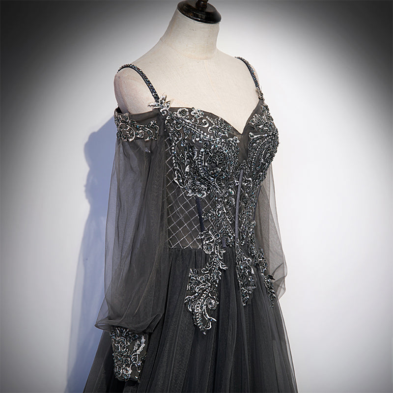 Dark Grey Long Sleeves Lace Applique A-line Prom Dress, Grey Long Formal Dresses