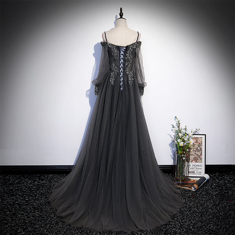 Dark Grey Long Sleeves Lace Applique A-line Prom Dress, Grey Long Form Cutedressy Dark Grey Long Sleeves Lace Applique A-line Prom Dress, Grey Long Form Cutedressy
