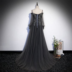 Dark Grey Long Sleeves Lace Applique A-line Prom Dress, Grey Long Form Cutedressy Dark Grey Long Sleeves Lace Applique A-line Prom Dress, Grey Long Form Cutedressy